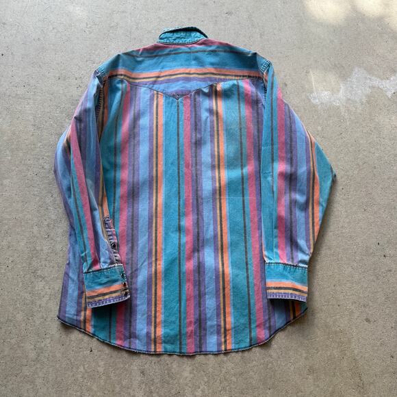 Vintage 90's Wrangler Striped Brushpopper Western Blue Pearl Snap Shirt Sz XL - Picture 2 of 6